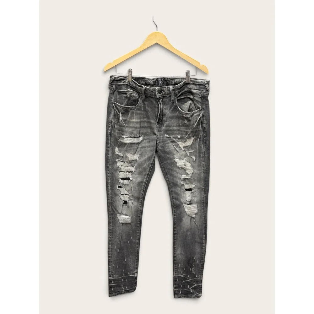 PRPS Goods & Co Mens Distressed Stretch Jeans Faded Black Ripped Denim 34x32